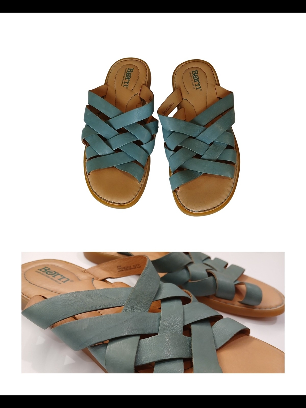 Born Women's Teal Green Crisscross Leather Slide Sandals - Picture 4 of 5